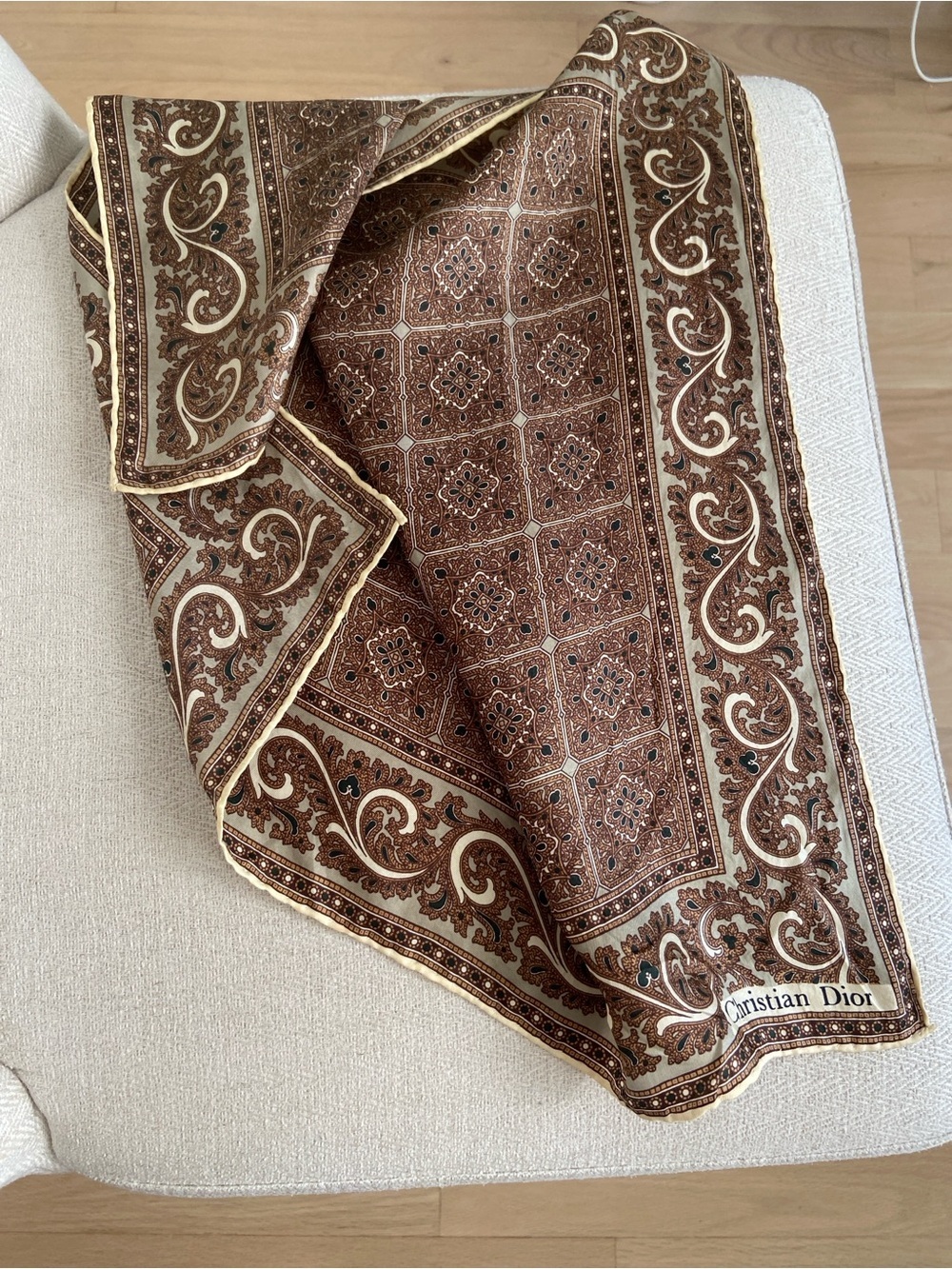 Vintage Christian Dior Silk Scarf Brown Light Green Paisley Print